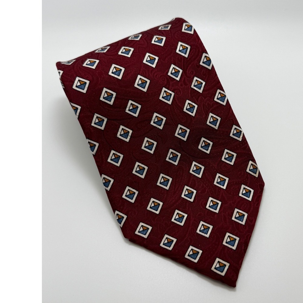 Ferrell Reed Silk Tie OS Burgundy Geometric Paisley Preppy Dark Academia USA